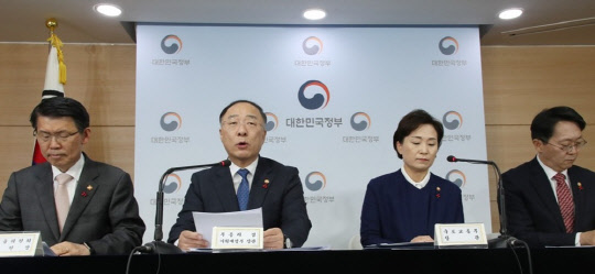 홍남기 경제부총리 겸 기획재정부 장관(왼쪽 두번째)이 16일 정부서울청사에서 주택시장 안정화 방안 관계부처 합동브리핑을 하고 있다. 은성수 금융위원장(왼쪽부터), 김현미 국토부 장관, 홍남기 부총리, 김현준 국세청장.<연합뉴스>